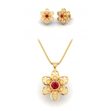 Double Flower Red Stone Pendant with Stud